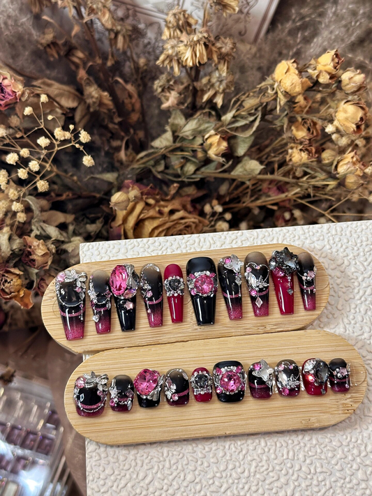 Black Pink Swarovski Crystal Press On Nails Long Coffin Acrylic Nails