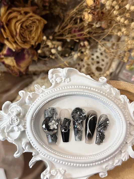 Black Willow Swarovski Crystal Press On Nails Long Coffin Acrylic Nails