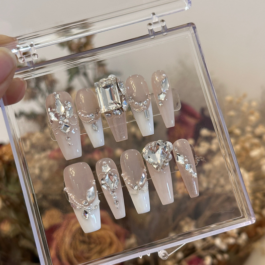 French Mani Silver Swarovski Crystal Press On Nails Long Coffin Acrylic Nails